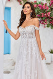 Robes de mariée A-ligne ivoire à épaules dénudées avec appliques