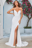 Sirène Bretelles Spaghetti Col en V Robe de Mariée en Satin avec Fente