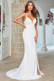 Sirène Bretelles Spaghetti Col en V Robe de Mariée en Satin avec Fente