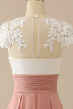 Robe de soirée de mariage en dentelle rose avec col en V et appliques