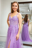 Lilac Tulle A Line Backless Appliqued Long Corset Prom Dress With Slit