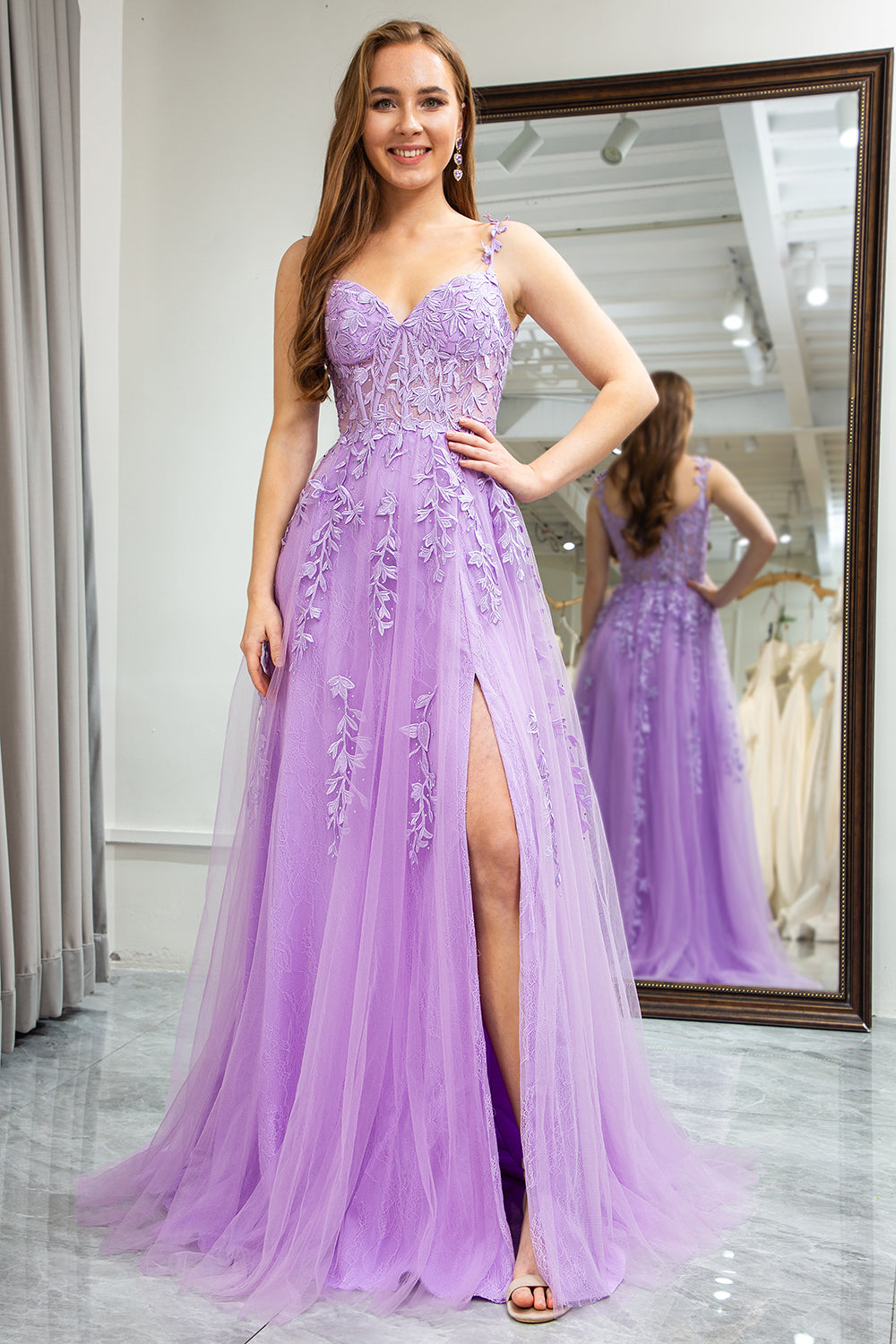 Lilac Tulle A Line Backless Appliqued Long Corset Prom Dress With Slit