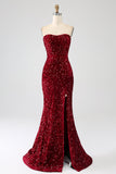Robe de bal longue sirène à paillettes bustier rouge avec fente