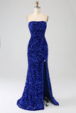 Robe de bal longue sirène à paillettes bustier rouge avec fente
