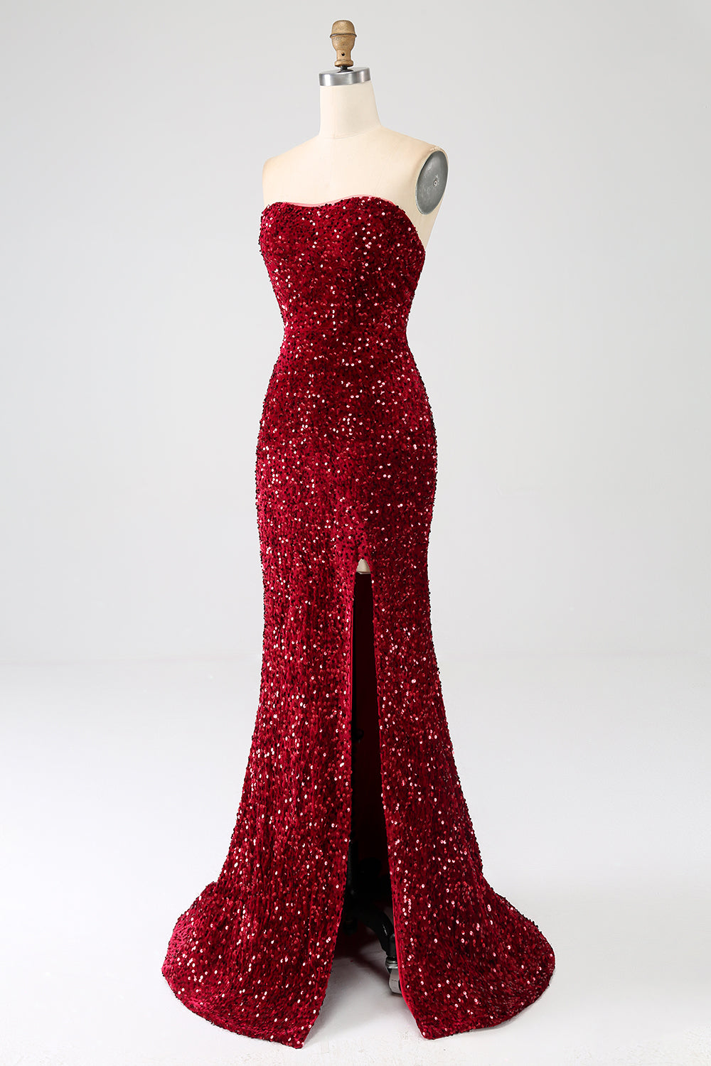 Robe de bal longue sirène à paillettes bustier rouge avec fente