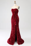 Robe de bal longue sirène à paillettes bustier rouge avec fente