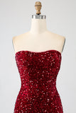 Robe de bal longue sirène à paillettes bustier rouge avec fente