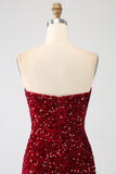 Robe de bal longue sirène à paillettes bustier rouge avec fente