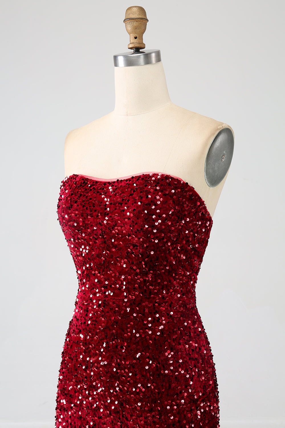 Robe de bal longue sirène à paillettes bustier rouge avec fente