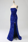 Robe de bal longue sirène à paillettes bustier rouge avec fente