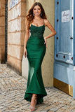 Robe de bal longue longue à col nu vert foncé sirène à la mode avec des perles Appliques