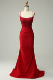 Sirène rouge foncé Satin Spaghetti bretelles robe de bal