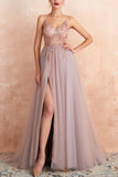 Robe de bal longue en tulle à col en V fourreau rose gris avec fente