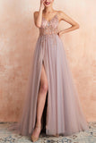 Robe de bal longue en tulle à col en V fourreau rose gris avec fente