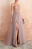 Robe de bal longue en tulle à col en V fourreau rose gris avec fente