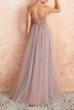 Robe de bal longue en tulle à col en V fourreau rose gris avec fente