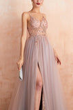 Robe de bal longue en tulle à col en V fourreau rose gris avec fente