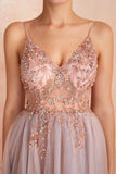 Robe de bal longue en tulle à col en V fourreau rose gris avec fente