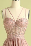 Robe de bal longue Corset en tulle gaine rose bretelles spaghetti longue avec fente