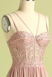 Robe de bal longue Corset en tulle gaine rose bretelles spaghetti longue avec fente