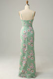 Spaghetti fourreaux Robe de demoiselle d'honneur vert clair à imprimé floral et bretelles