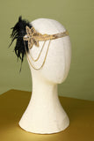 Bandeau perlé de plumes noires et dorées des années 20