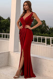Robe de soirée simple bordeaux avec fente