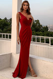 Robe de soirée simple bordeaux avec fente