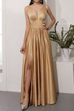 Robe de bal longue en satin champagne avec fente