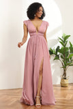 Blush V-Neck Longue Mousseline Robe de Demoiselle d’Honneur