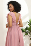 Blush V-Neck Longue Mousseline Robe de Demoiselle d’Honneur