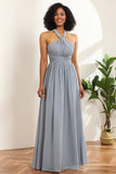 Robe de demoiselle d'honneur longue convertible en mousseline de soie bleu gris