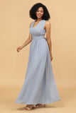 Robe de demoiselle d'honneur longue convertible en mousseline de soie bleu gris