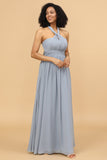 Robe de demoiselle d'honneur longue convertible en mousseline de soie bleu gris