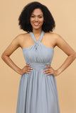Robe de demoiselle d'honneur longue convertible en mousseline de soie bleu gris