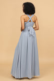 Robe de demoiselle d'honneur longue convertible en mousseline de soie bleu gris