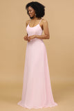 Spaghetti Straps Chiffon Robe de demoiselle d’honneur rose
