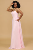 Spaghetti Straps Chiffon Robe de demoiselle d’honneur rose