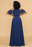 Cold Shoulder Navy Chiffon Robe de demoiselle d’honneur avec fente