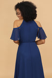 Cold Shoulder Navy Chiffon Robe de demoiselle d’honneur avec fente