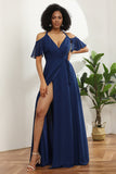 Cold Shoulder Navy Chiffon Robe de demoiselle d’honneur avec fente