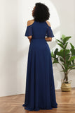 Cold Shoulder Navy Chiffon Robe de demoiselle d’honneur avec fente