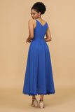 Robe de demoiselle d'honneur en mousseline de soie bleu roi à col en V