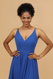 Robe de demoiselle d'honneur en mousseline de soie bleu roi à col en V