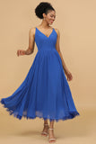 Robe de demoiselle d'honneur en mousseline de soie bleu roi à col en V