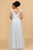 Tulle Gris V-Neck A-Line Robe de demoiselle d’honneur