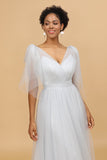 Tulle Gris V-Neck A-Line Robe de demoiselle d’honneur