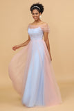 Une ligne Spaghetti Straps Pink&Blue Tulle Robe longue demoiselle d’honneur