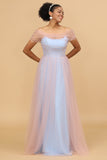 Une ligne Spaghetti Straps Pink&Blue Tulle Robe longue demoiselle d’honneur