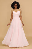 Robe de demoiselle d'honneur longue en mousseline de soie rose à bretelles spaghetti